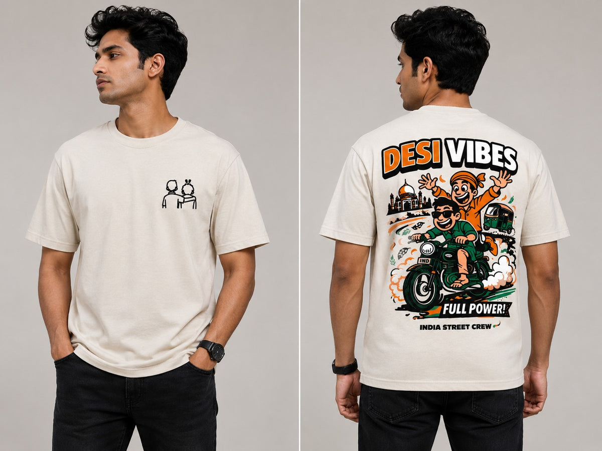 Desi Vibes - Beige Premium Cotton Oversized Printed T-Shirt