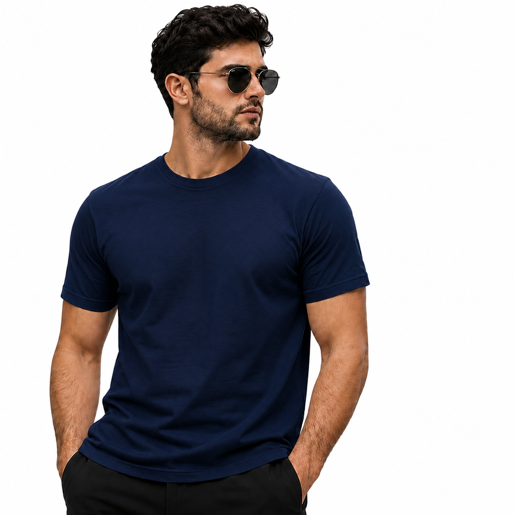 Navy Blue - Men's Plain 100% Cotton Regular Fit T-Shirt